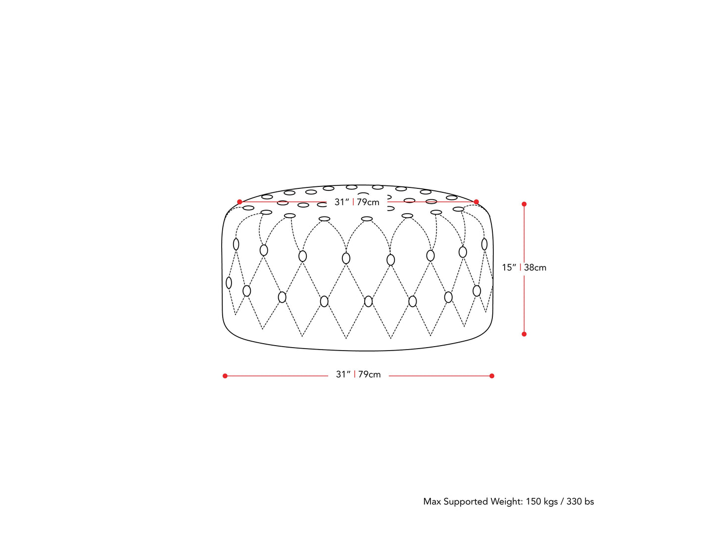 blue Large Round Ottoman Lynwood Collection measurements diagram by CorLiving#color_lynwood-blue