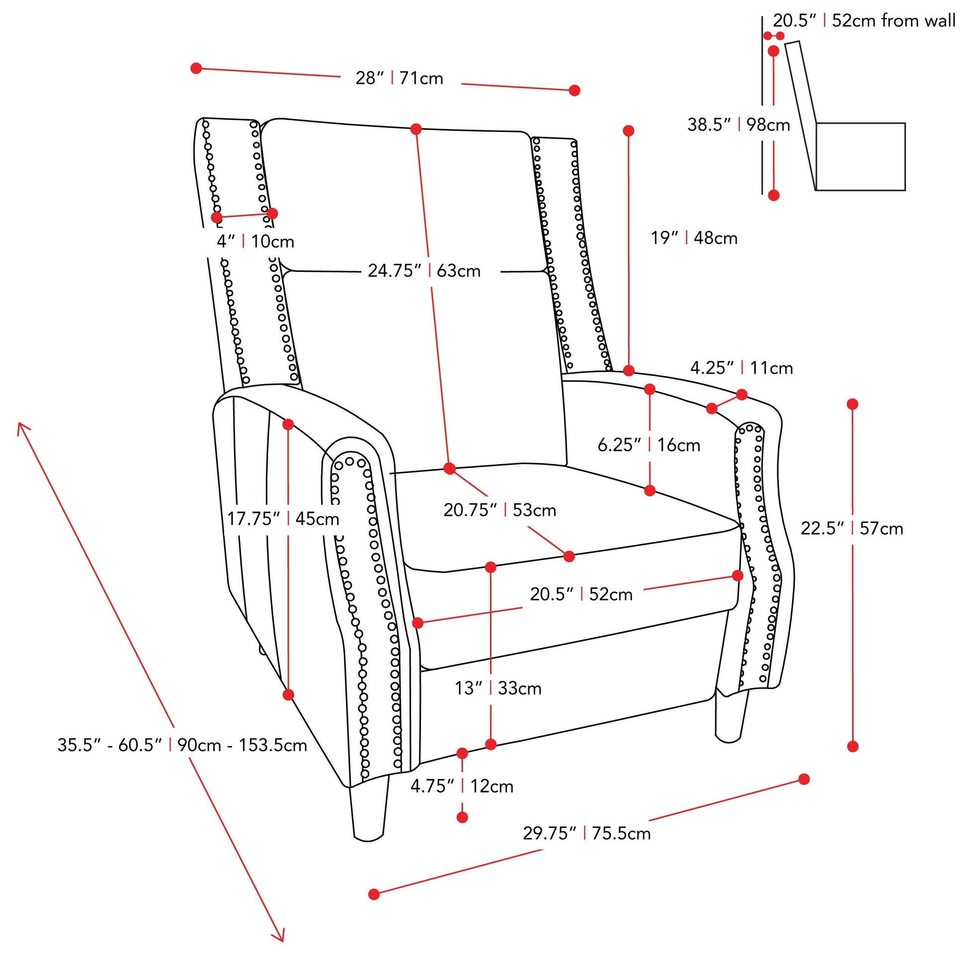 light grey Reclining Accent Chair Lynwood Collection measurements diagram by CorLiving#color_light-grey