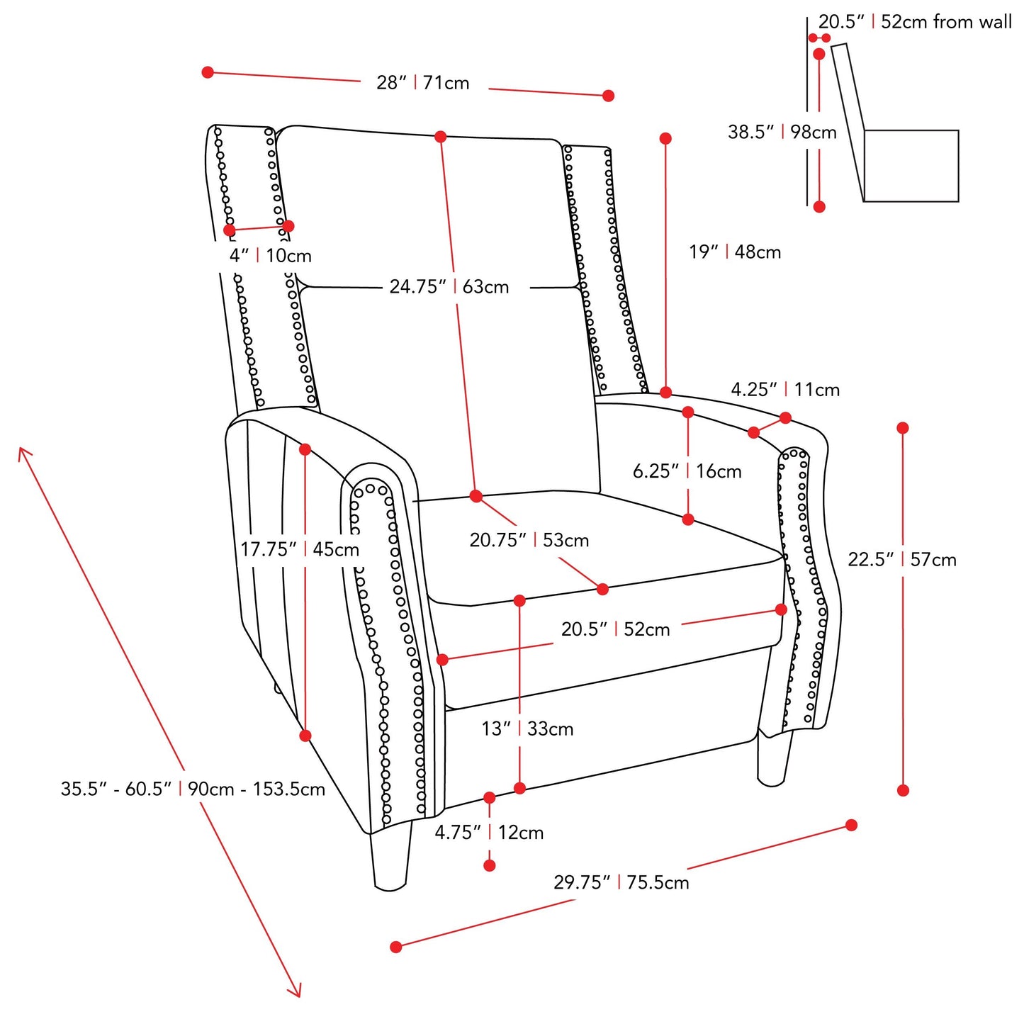 dark grey Reclining Accent Chair Lynwood Collection measurements diagram by CorLiving#color_dark-grey