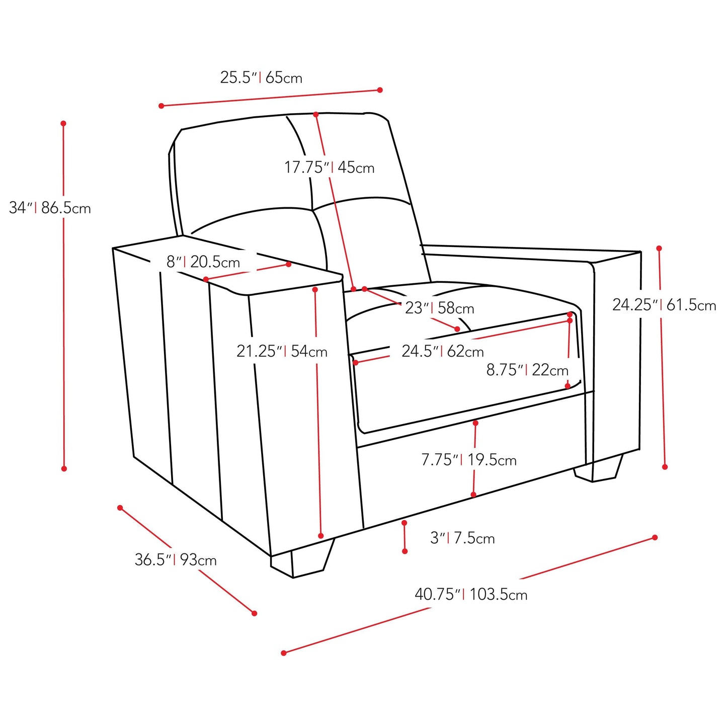 grey Wide Armchair Club Collection measurements diagram by CorLiving#color_grey