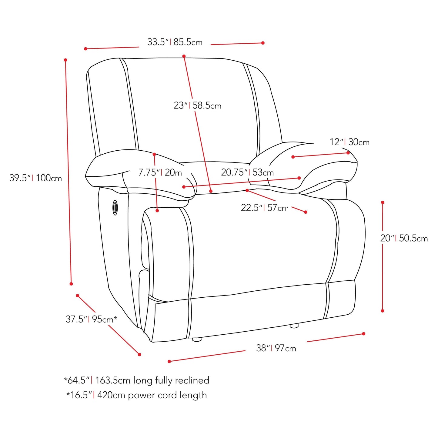 grey Recliner Chair with Remote Control Lea Collection measurements diagram by CorLiving#color_grey