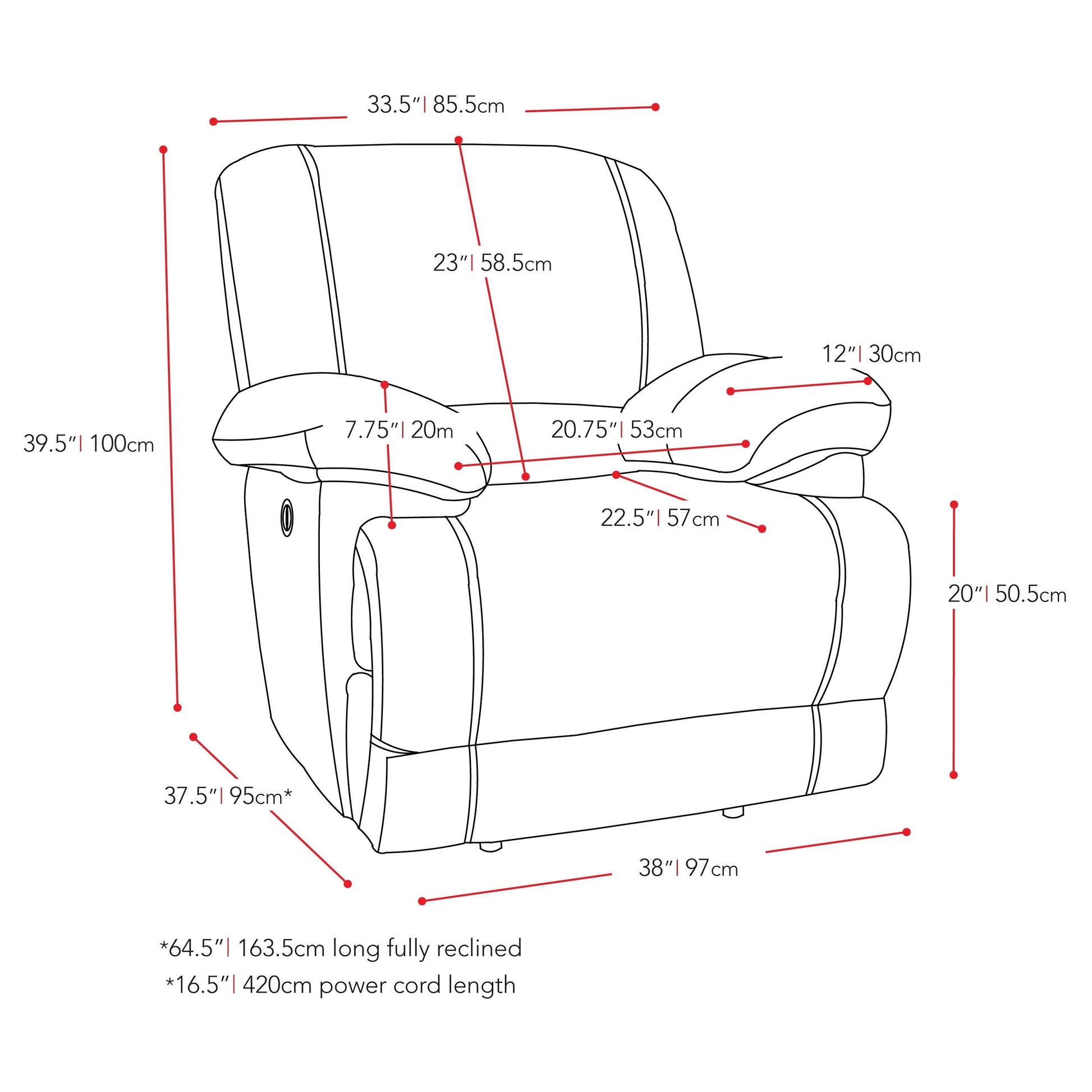 grey Recliner Chair with Remote Control Lea Collection measurements diagram by CorLiving#color_grey