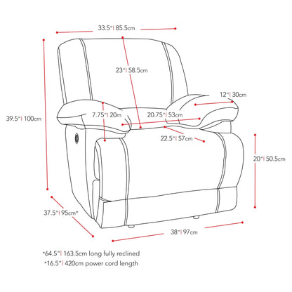 grey Recliner Chair with Remote Control Lea Collection measurements diagram by CorLiving#color_grey