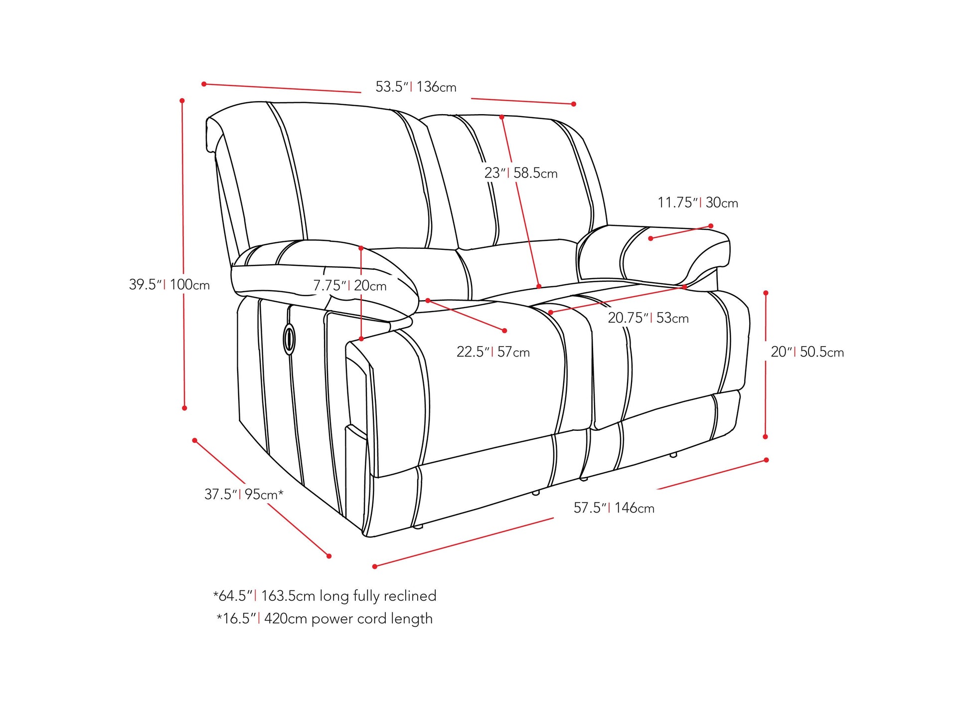 chocolate brown Power Reclining Loveseat Sofa Lea collection measurements diagram by CorLiving#color_chocolate-brown