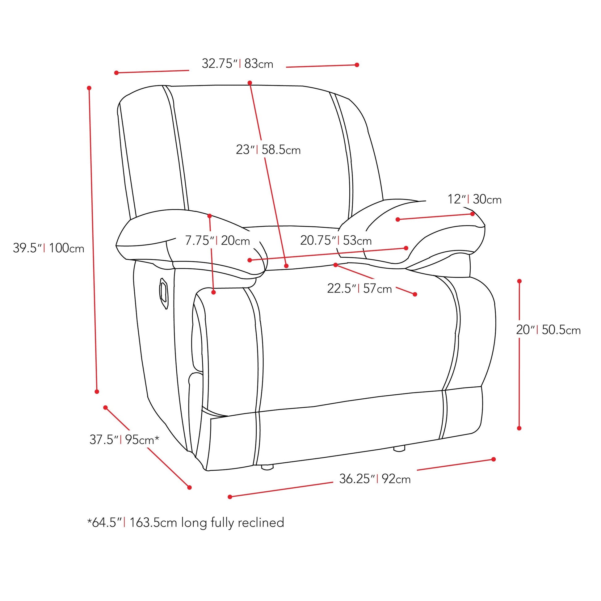 brown Extra Wide Recliner Lea Collection measurements diagram by CorLiving#color_brown