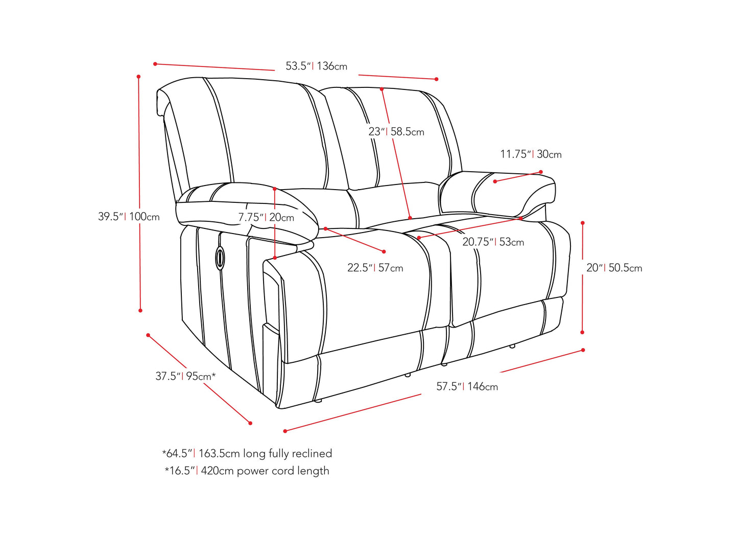 brown Power Reclining Loveseat Sofa Lea collection measurements diagram by CorLiving#color_brown