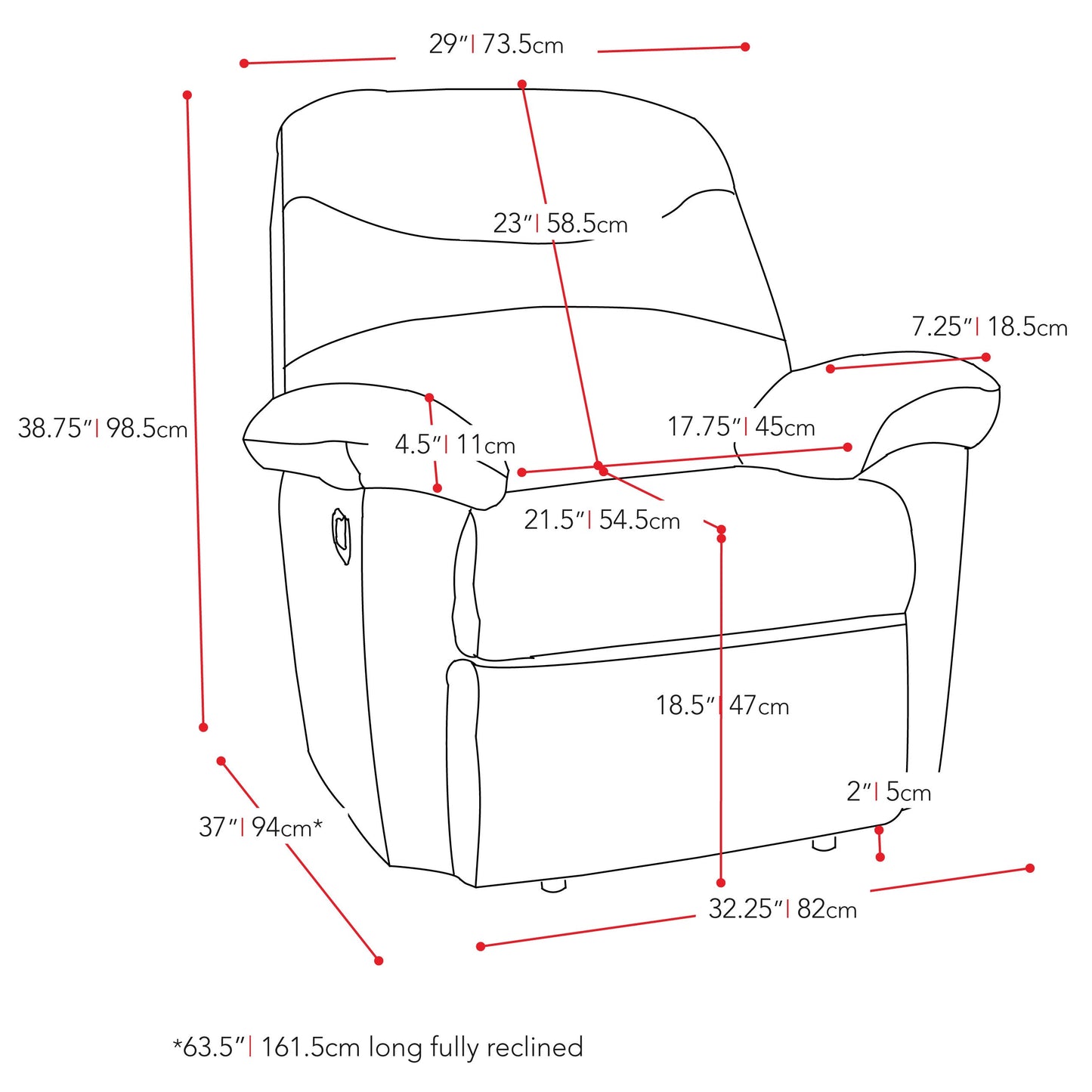 Brown Recliner Luke Collection measurements diagram by CorLiving#color_chocolate-brown