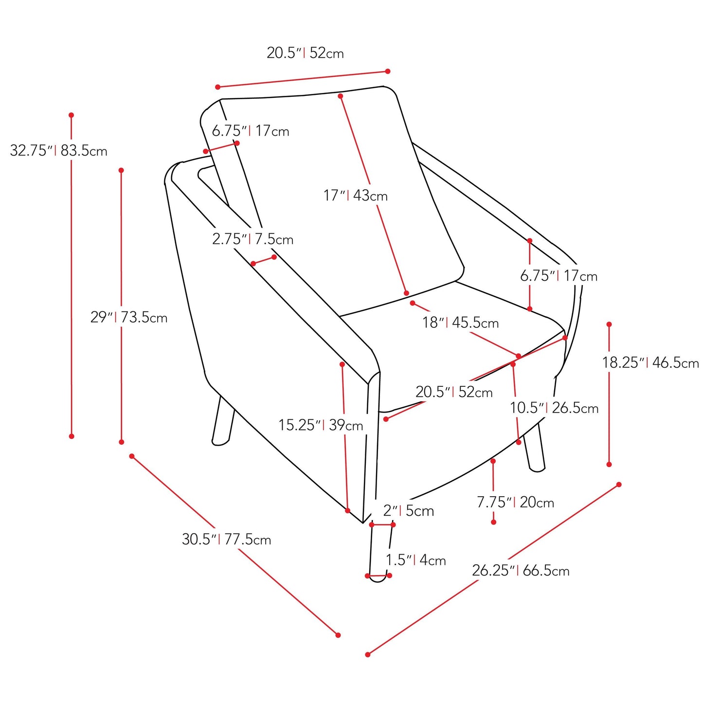 blue Modern Club Chair CorLiving Collection measurements diagram by CorLiving#color_blue-2