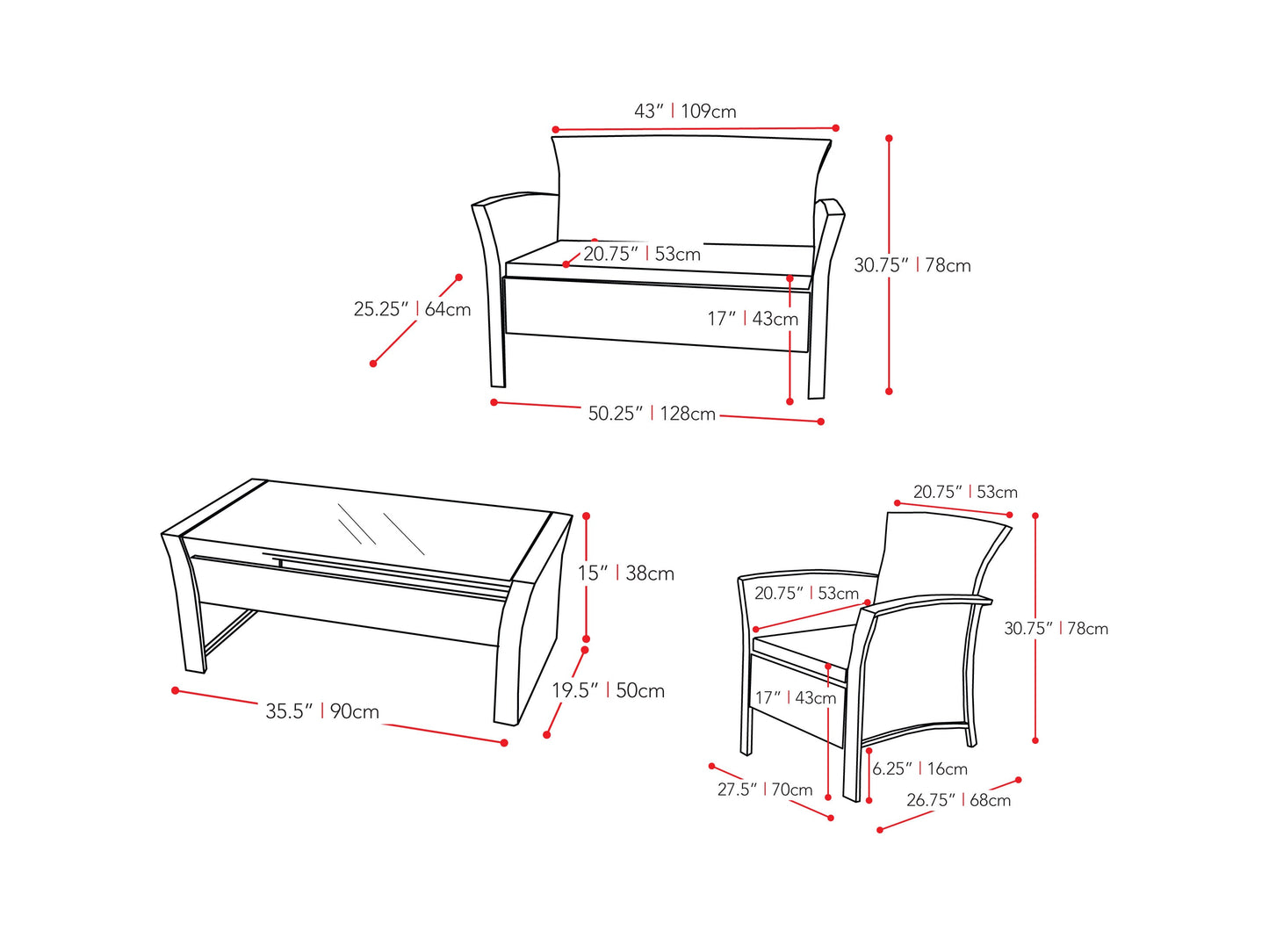 light grey Black Wicker Patio Set, 4pc Cascade Collection measurements diagram by CorLiving#color_light-grey