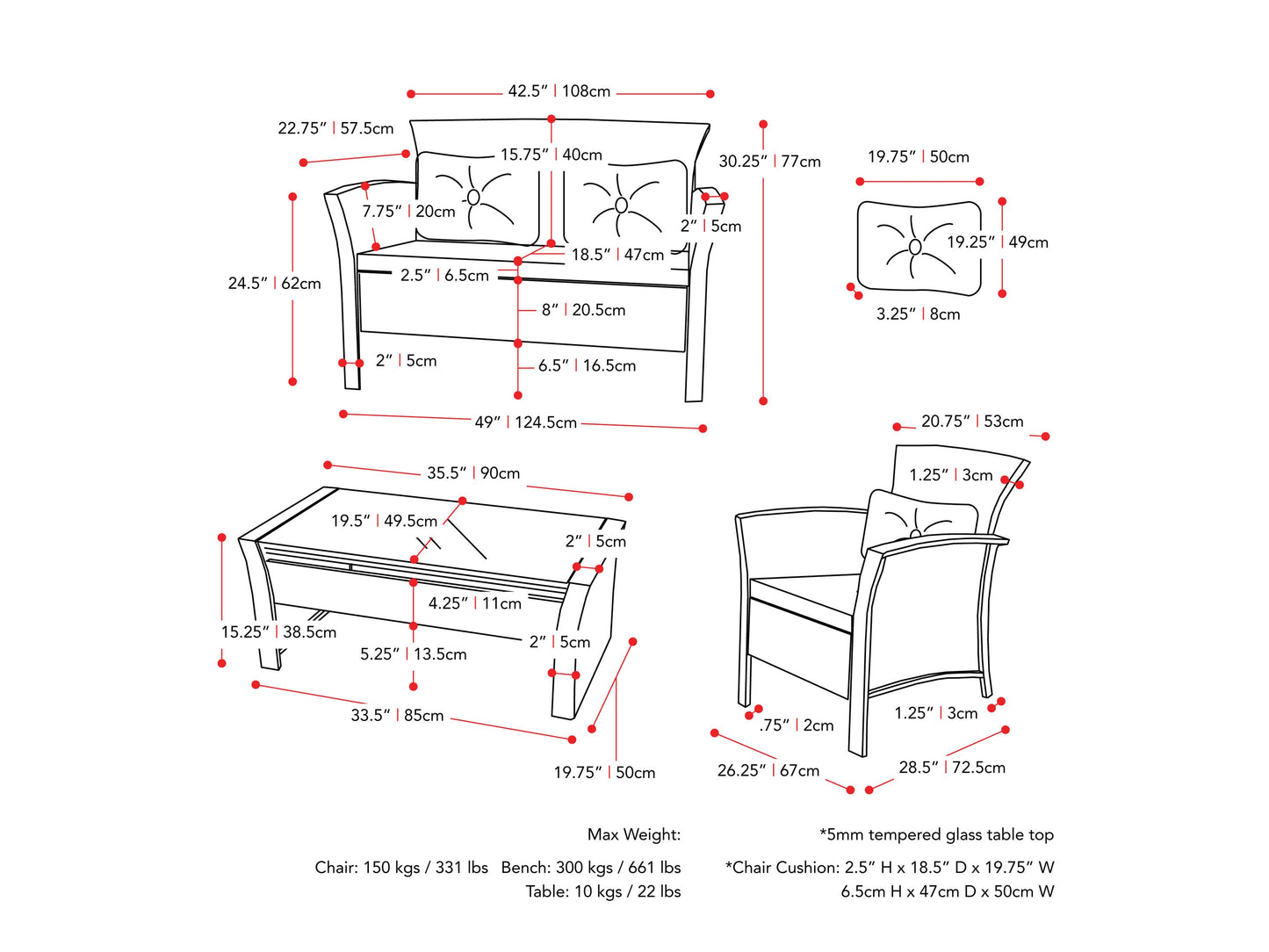 black and warm white Wicker Patio Set, 4pc Cascade Collection measurements diagram by CorLiving#color_black-and-warm-white