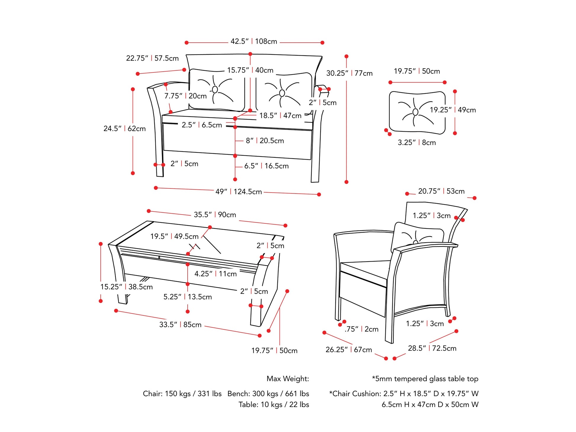 black and warm white Wicker Patio Set, 4pc Cascade Collection measurements diagram by CorLiving#color_black-and-warm-white