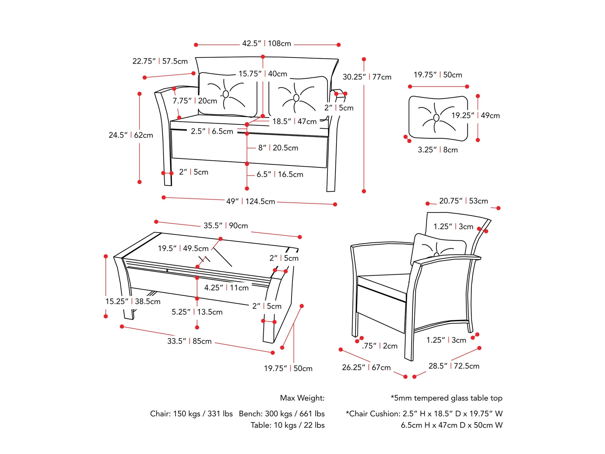 black and red Wicker Patio Set, 4pc Cascade Collection measurements diagram by CorLiving#color_black-and-red