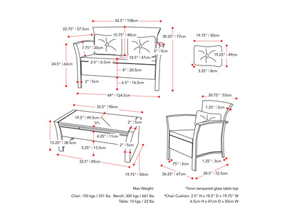 black and red Wicker Patio Set, 4pc Cascade Collection measurements diagram by CorLiving#color_black-and-red