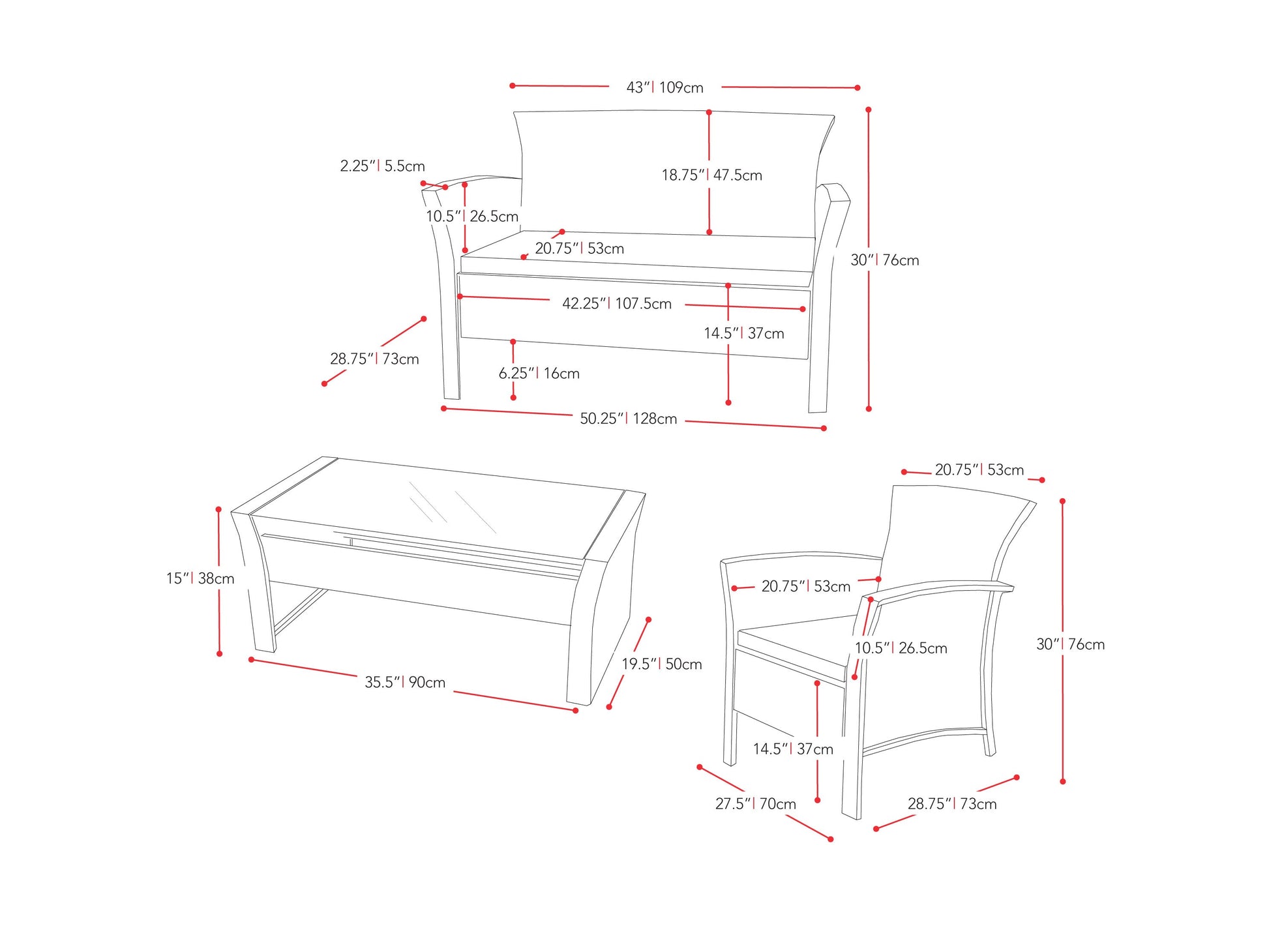 red 4 Piece Wicker Patio Set Cascade Collection measurements diagram by CorLiving#color_red