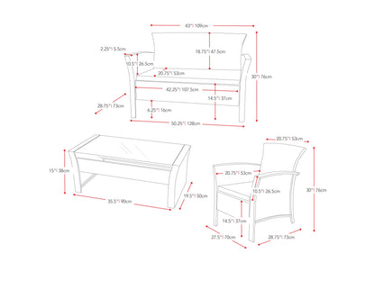 red 4 Piece Wicker Patio Set Cascade Collection measurements diagram by CorLiving#color_red