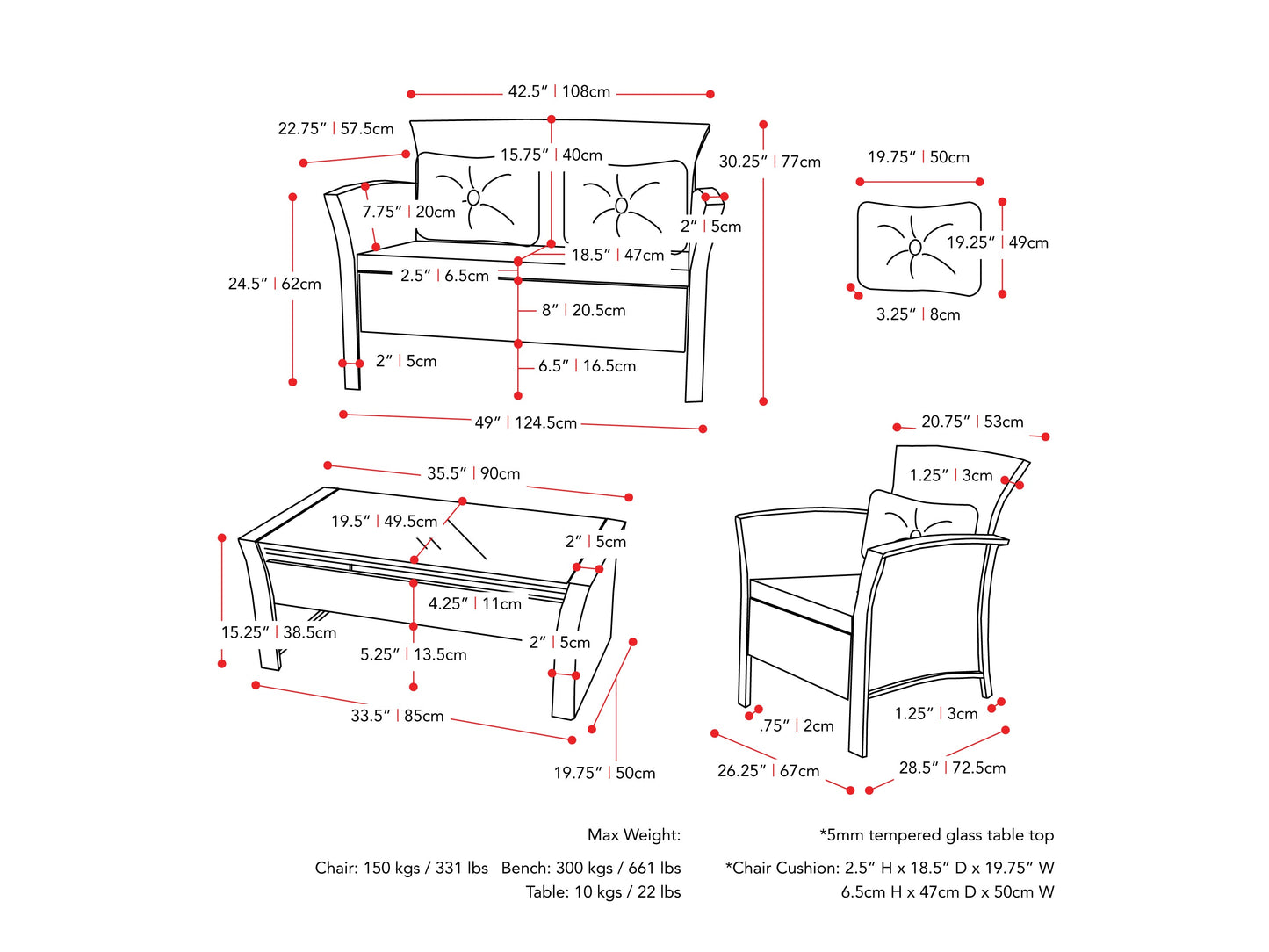 black and navy blue Wicker Patio Set, 4pc Cascade Collection measurements diagram by CorLiving#color_black-and-navy-blue