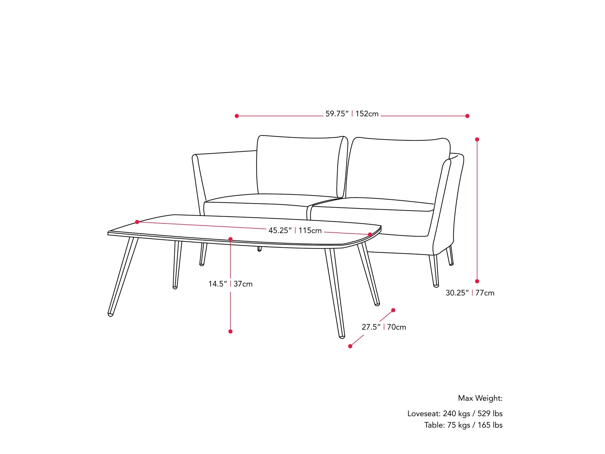 grey and black Metal Patio Conversation Set, 4pc Peregrine Collection measurements diagram by CorLiving#color_grey-and-black