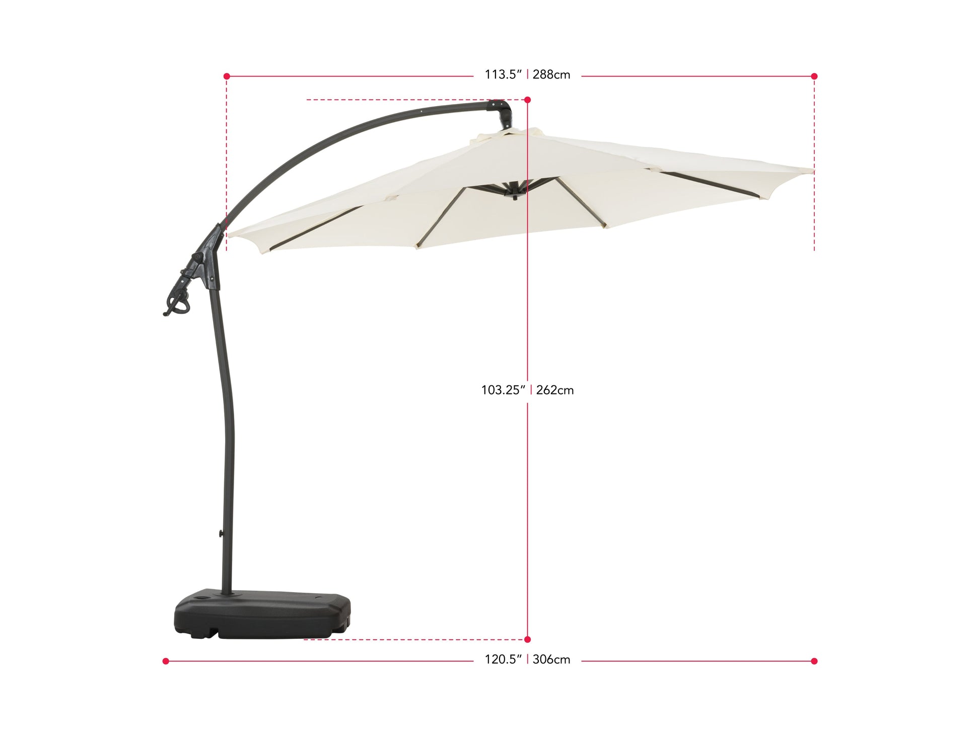 white cantilever patio umbrella with base Endure Collection measurements diagram CorLiving#color_white