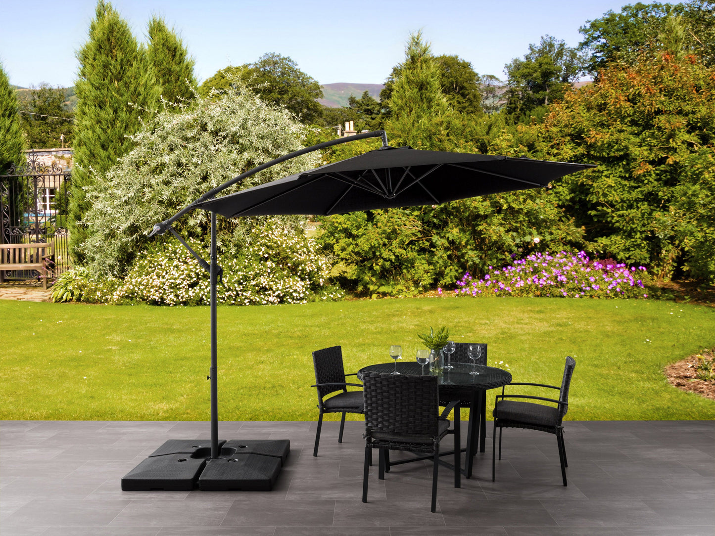 black offset patio umbrella with base 400 Series lifestyle scene CorLiving#color_black