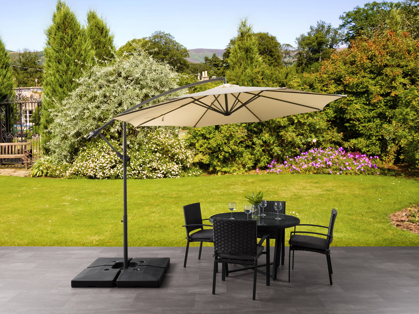 warm white offset patio umbrella with base 400 Series lifestyle scene CorLiving#color_warm-white