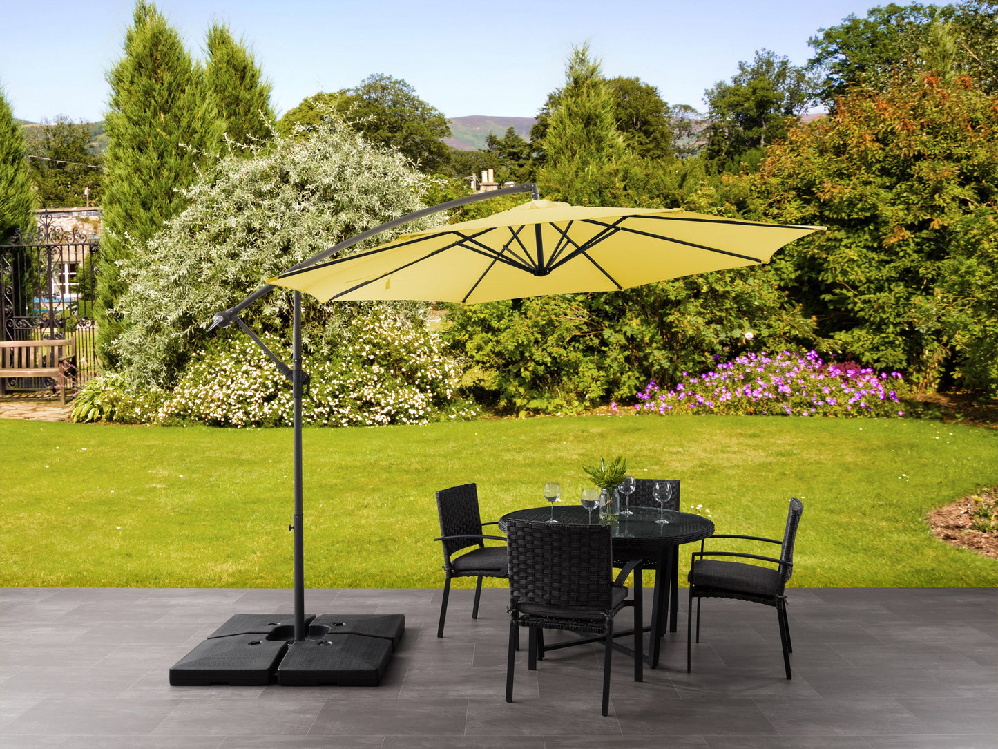 yellow offset patio umbrella with base 400 Series lifestyle scene CorLiving#color_yellow
