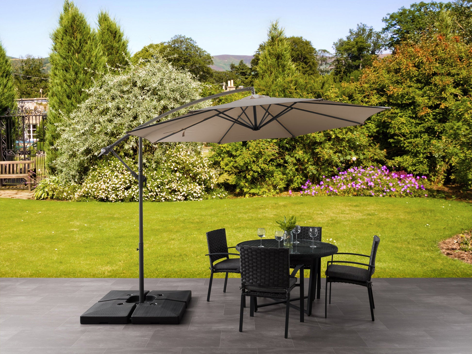 brown offset patio umbrella with base 400 Series lifestyle scene CorLiving#color_brown
