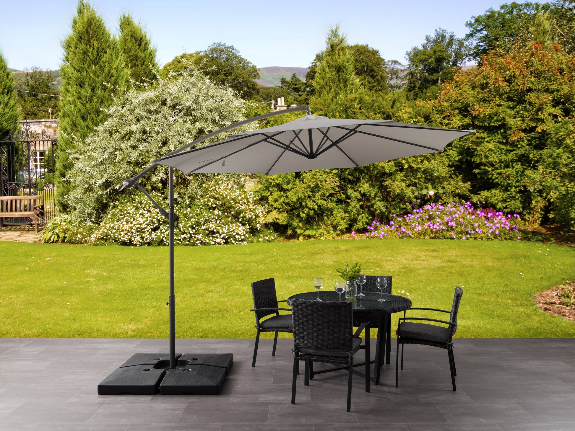 grey offset patio umbrella with base 400 Series lifestyle scene CorLiving#color_grey