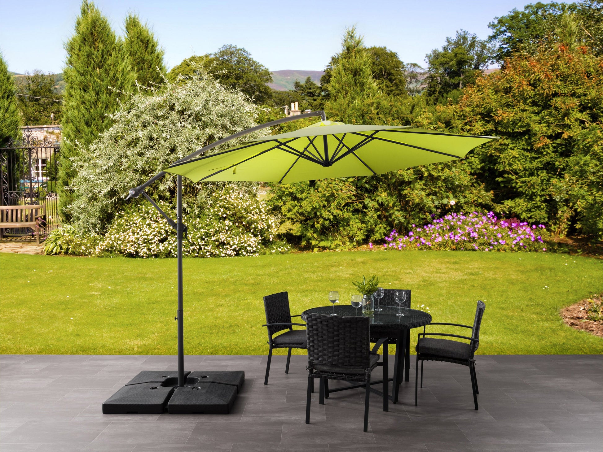 lime green offset patio umbrella with base 400 Series lifestyle scene CorLiving#color_lime-green
