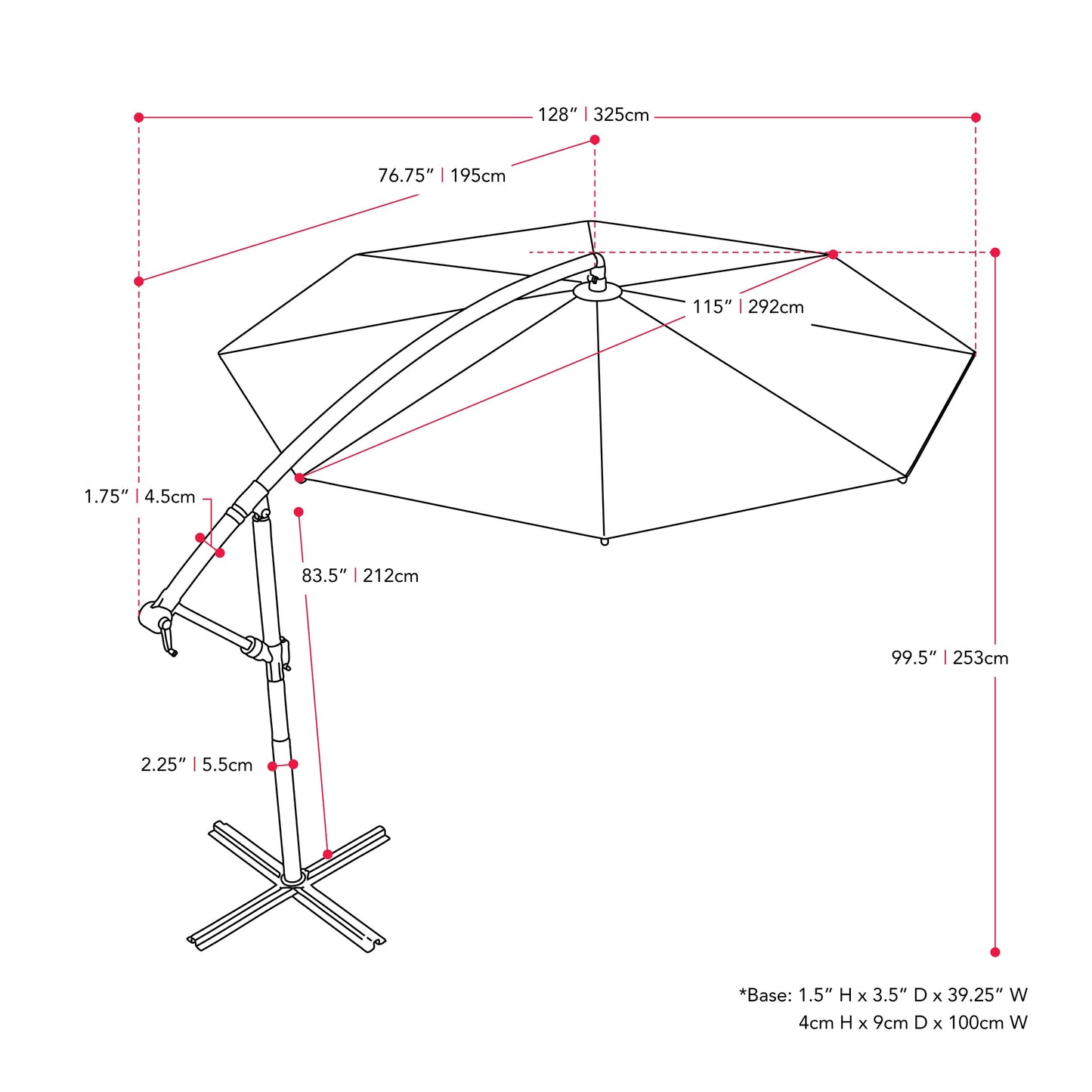 crimson red offset patio umbrella with base 400 Series measurements diagram CorLiving#color_crimson-red