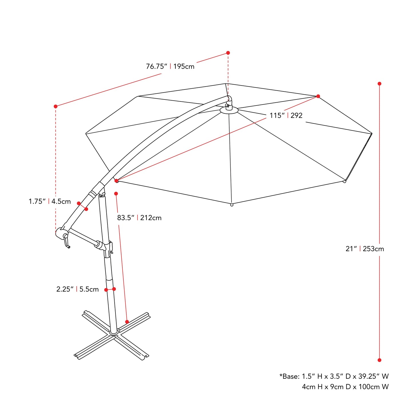 turquoise blue offset patio umbrella with base 400 Series measurements diagram CorLiving#color_turquoise-blue