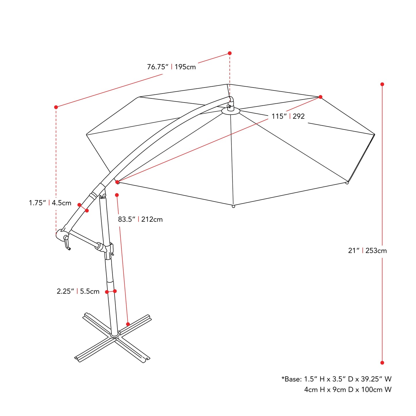 brown offset patio umbrella with base 400 Series measurements diagram CorLiving#color_brown
