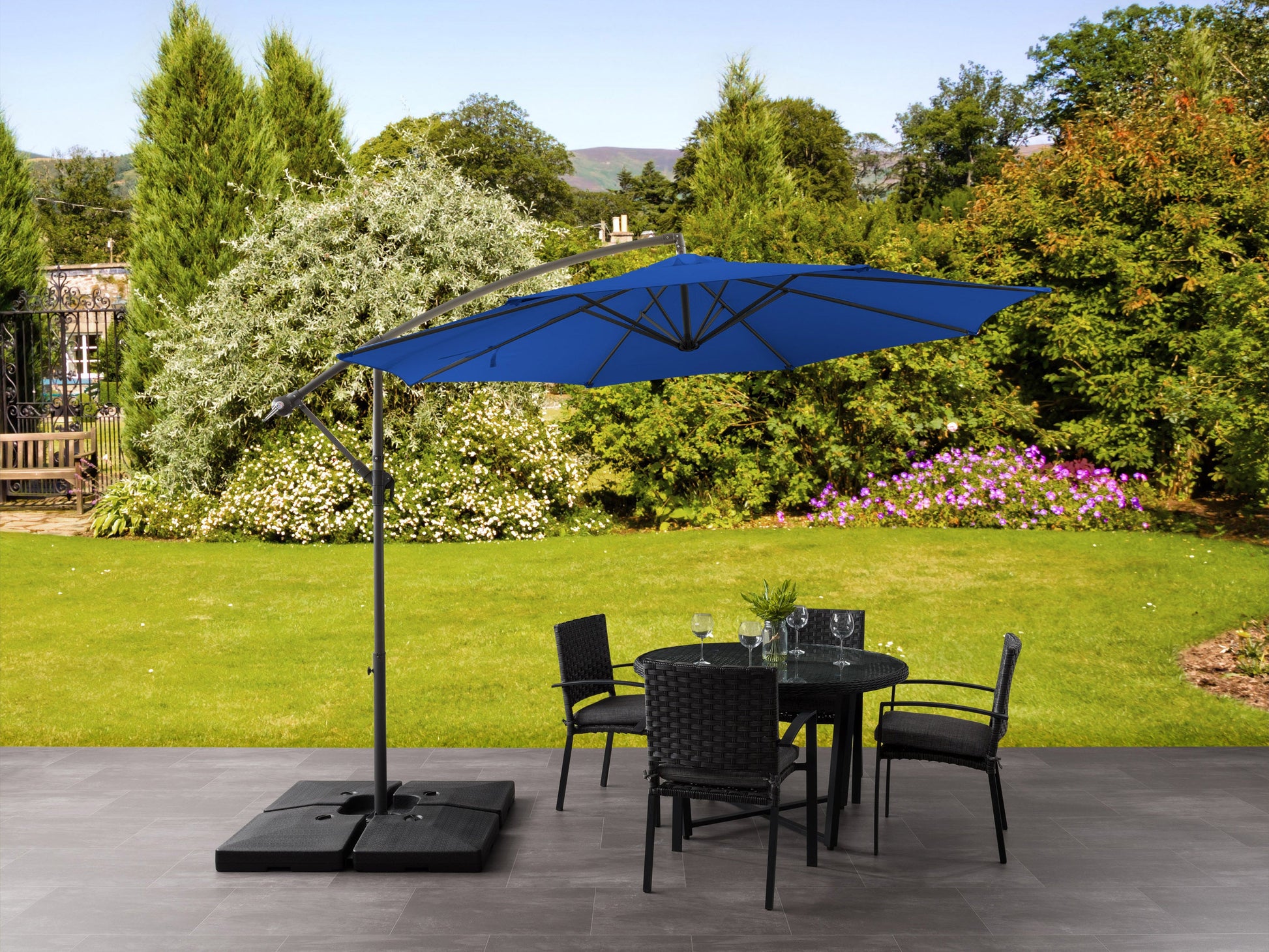 cobalt blue offset patio umbrella with base 400 Series lifestyle scene CorLiving#color_cobalt-blue