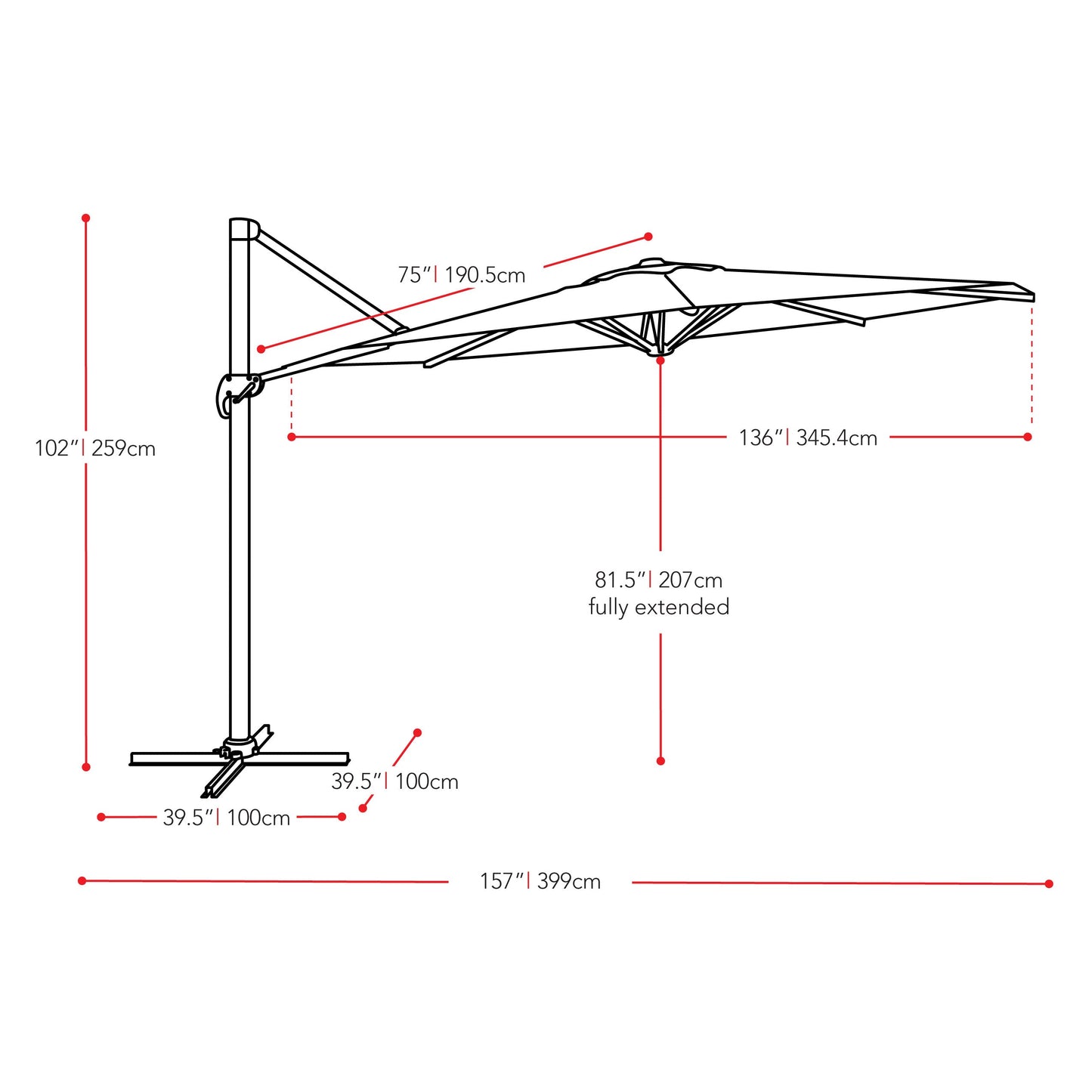 black deluxe offset patio umbrella with base 500 Series measurements diagram CorLiving#color_black