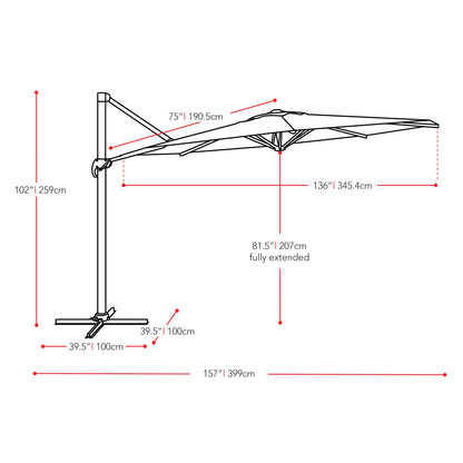 orange deluxe offset patio umbrella with base 500 Series measurements diagram CorLiving#color_orange