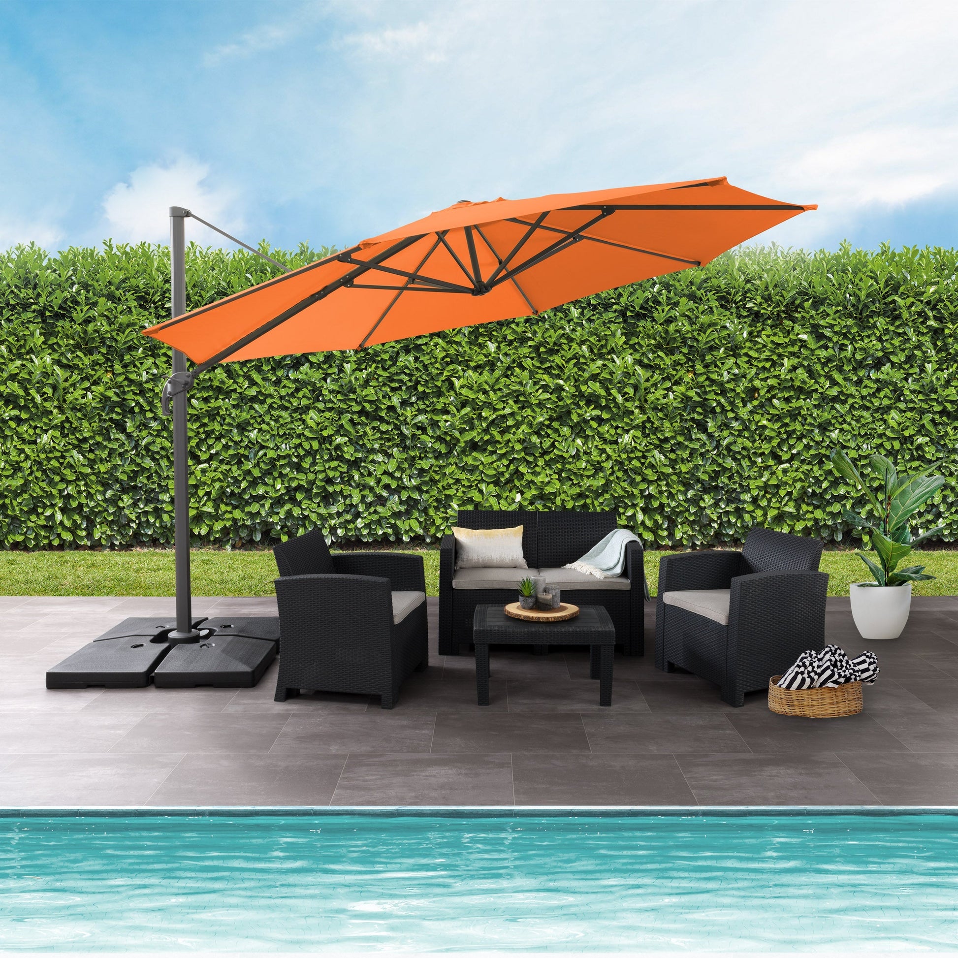 orange deluxe offset patio umbrella with base 500 Series lifestyle scene CorLiving#color_orange
