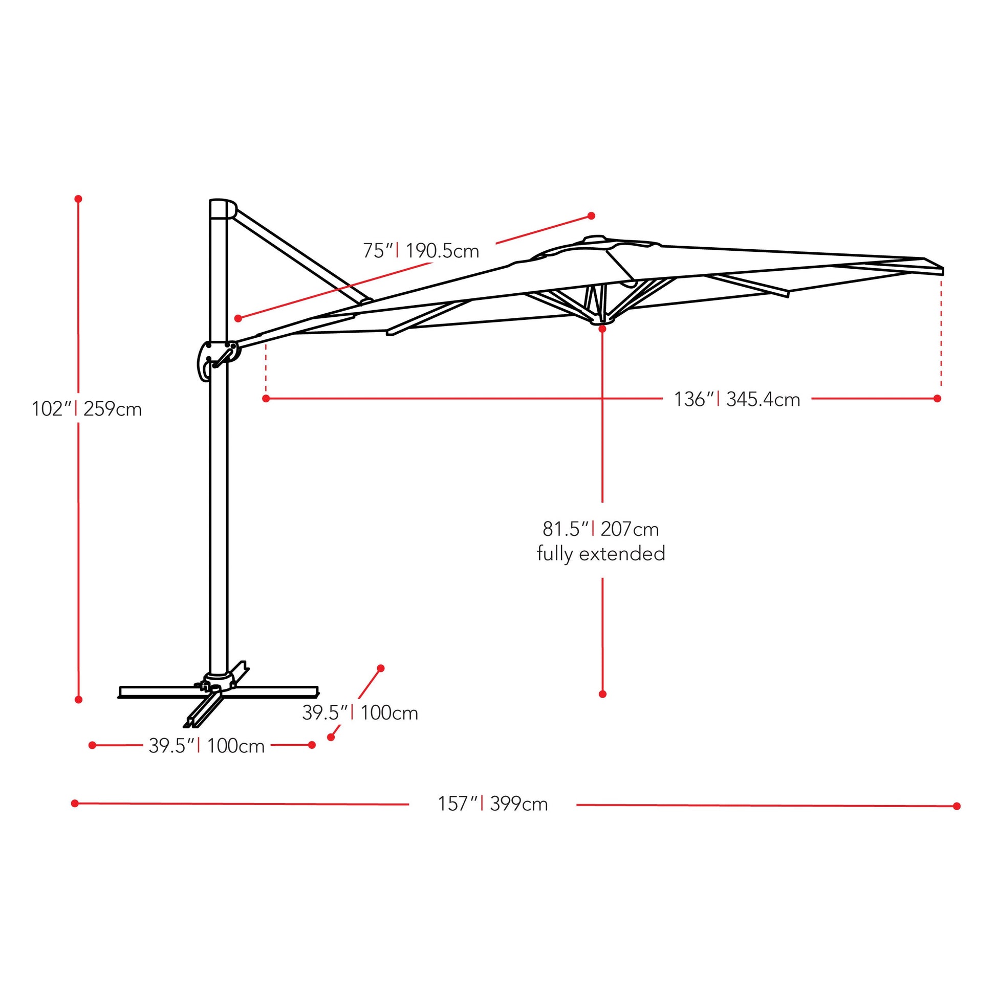 warm white deluxe offset patio umbrella with base 500 Series measurements diagram CorLiving#color_warm-white