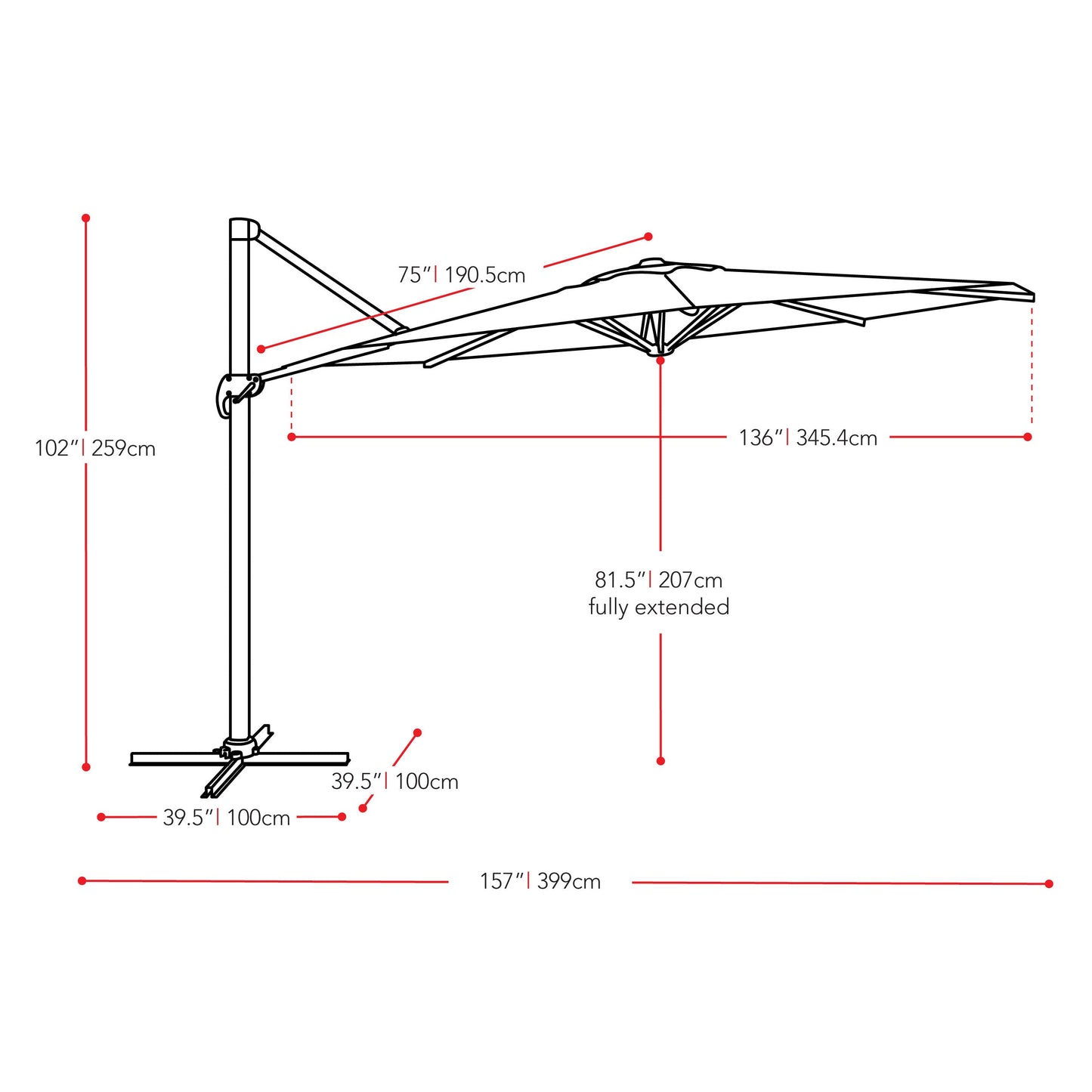 yellow deluxe offset patio umbrella with base 500 Series measurements diagram CorLiving#color_yellow