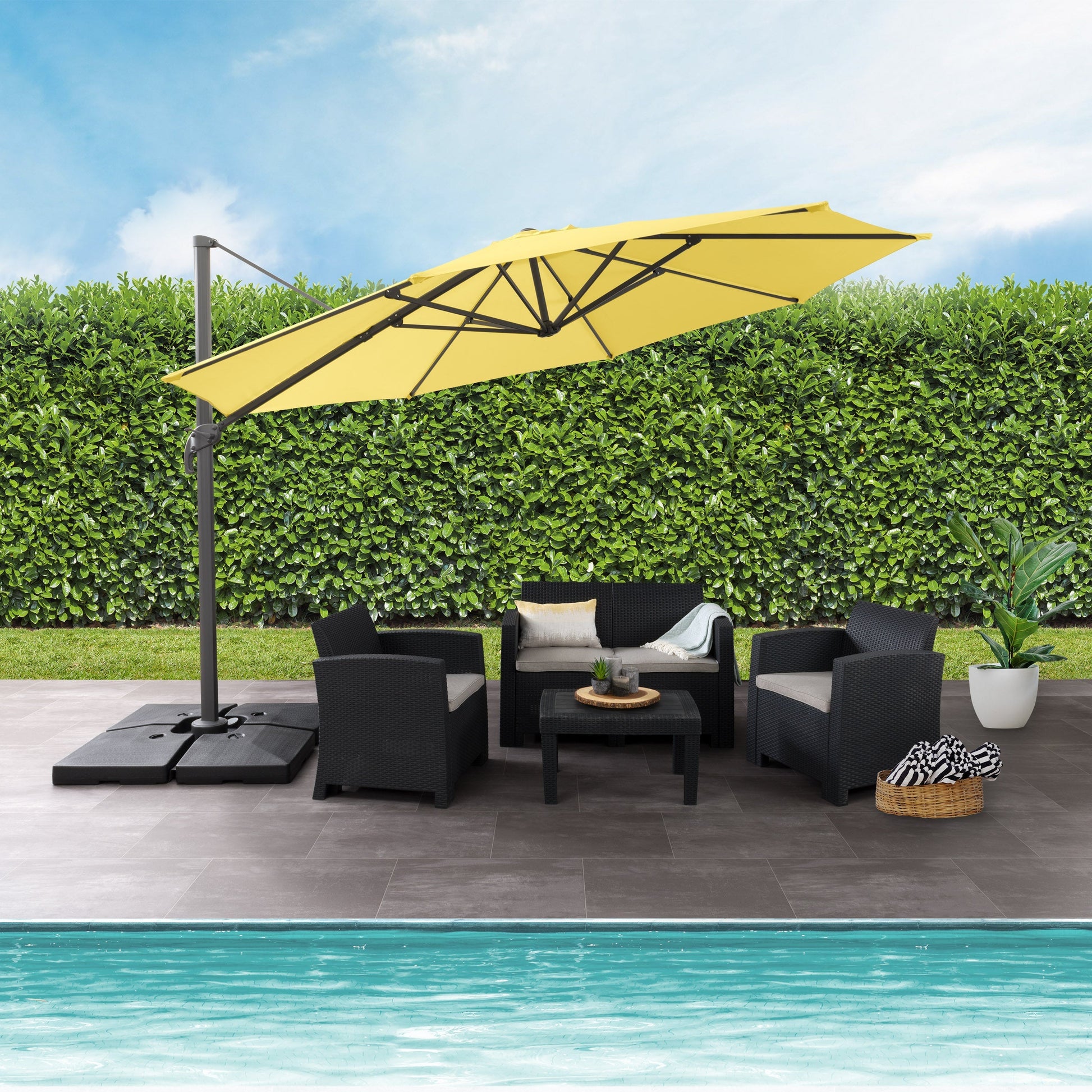 yellow deluxe offset patio umbrella with base 500 Series lifestyle scene CorLiving#color_yellow