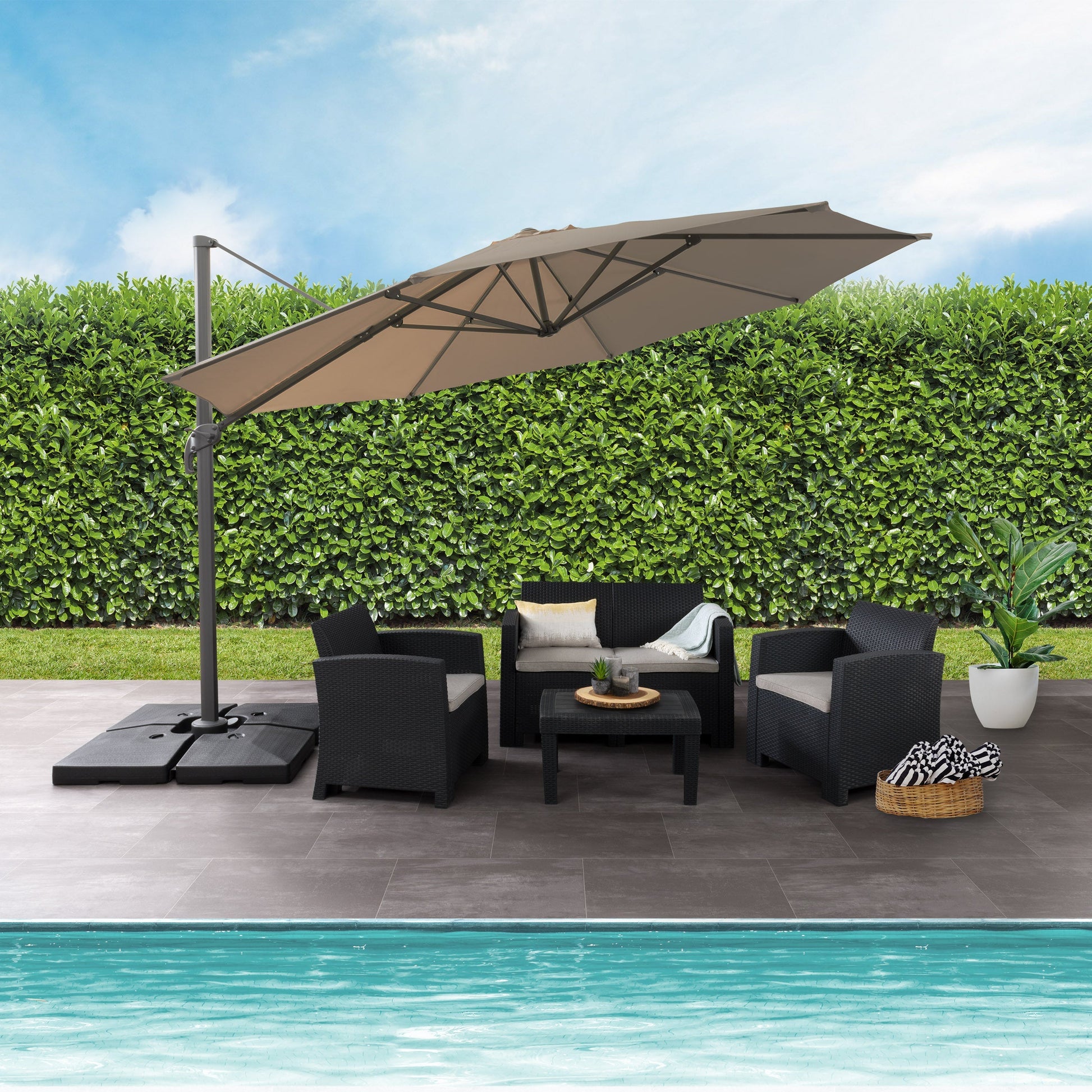 brown deluxe offset patio umbrella with base 500 Series lifestyle scene CorLiving#color_brown