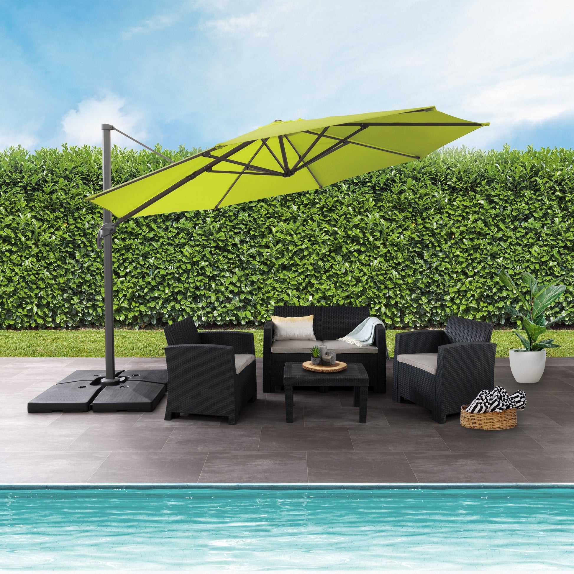 lime green deluxe offset patio umbrella with base 500 Series lifestyle scene CorLiving#color_lime-green