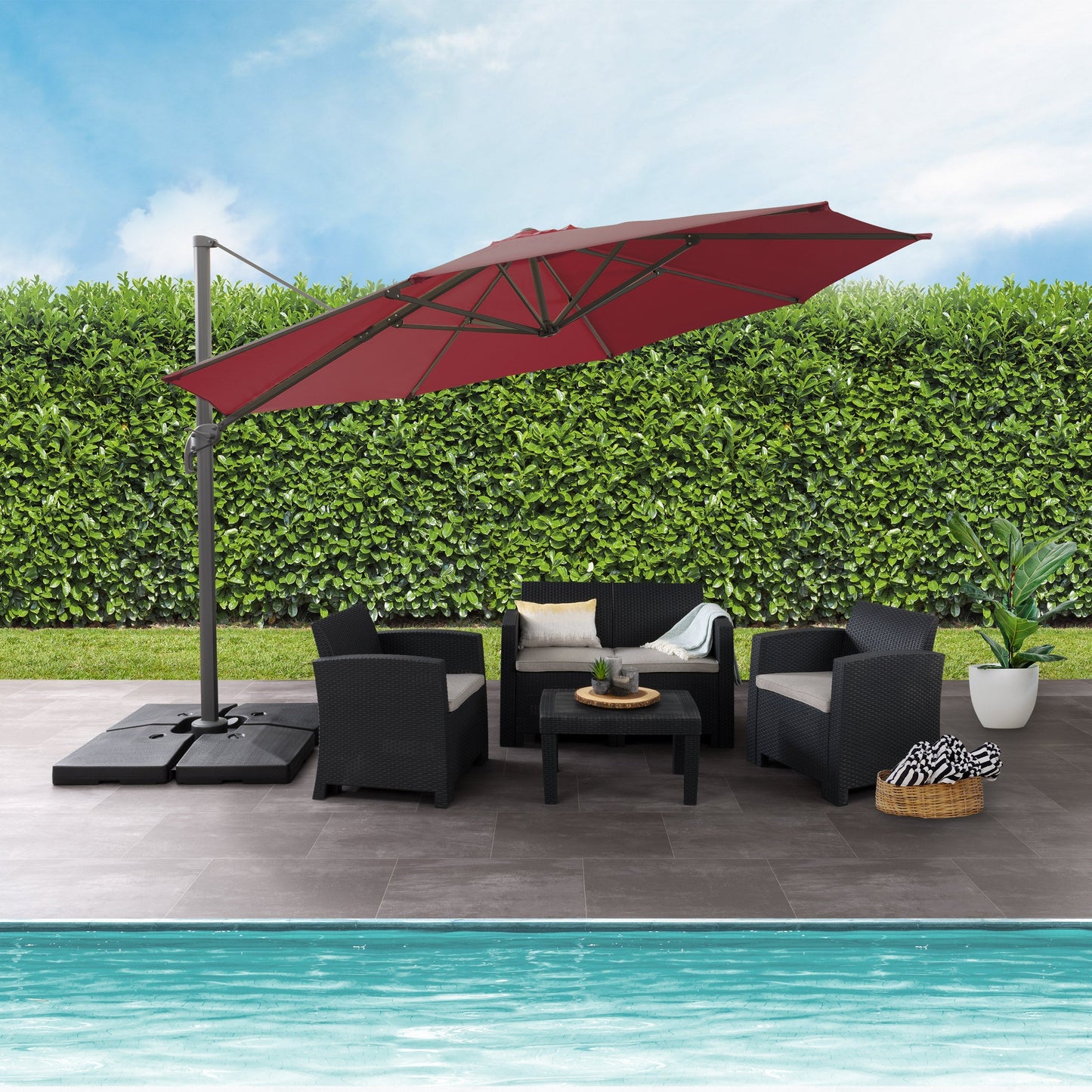 wine red deluxe offset patio umbrella with base 500 Series lifestyle scene CorLiving#color_wine-red