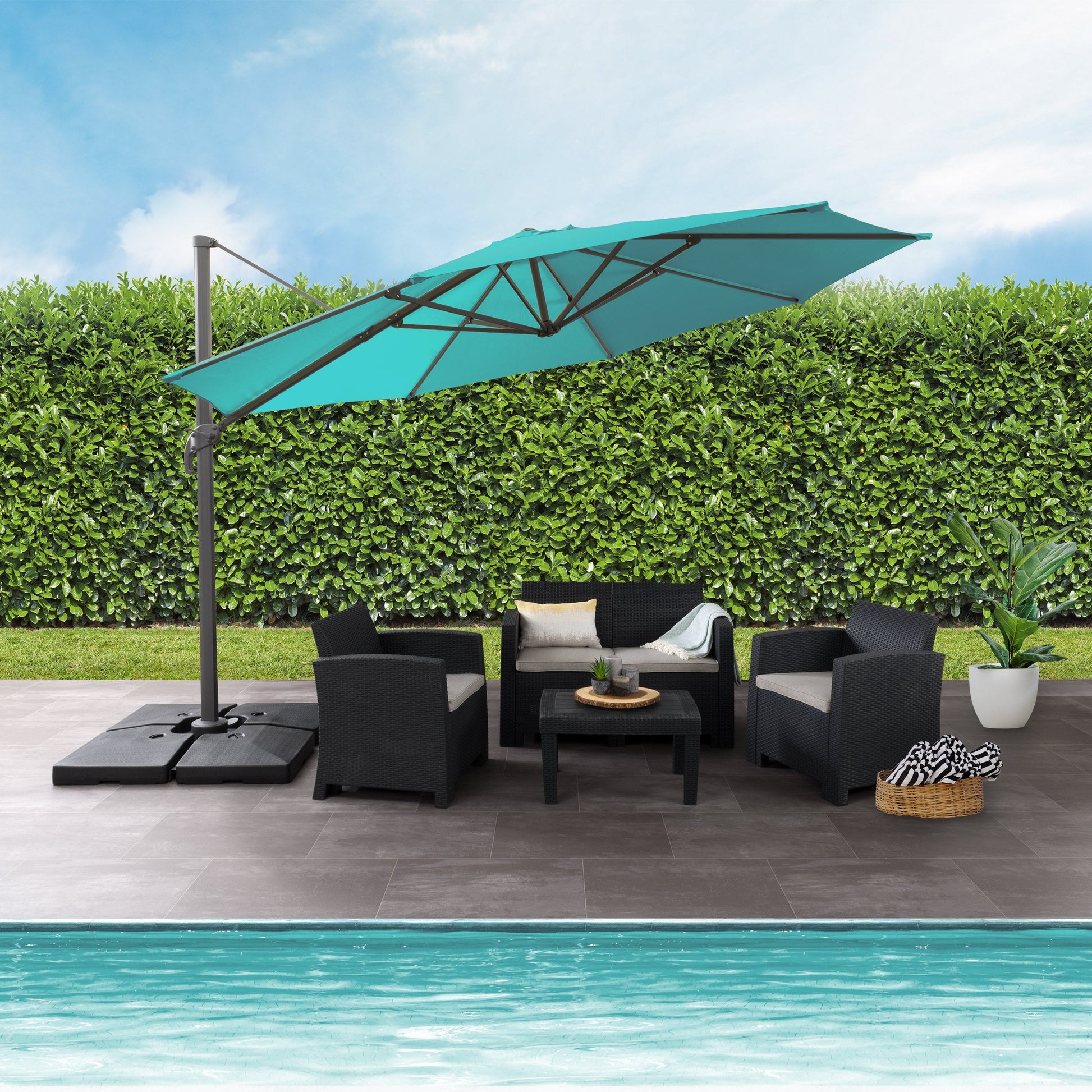 turquoise blue deluxe offset patio umbrella with base 500 Series lifestyle scene CorLiving#color_turquoise-blue