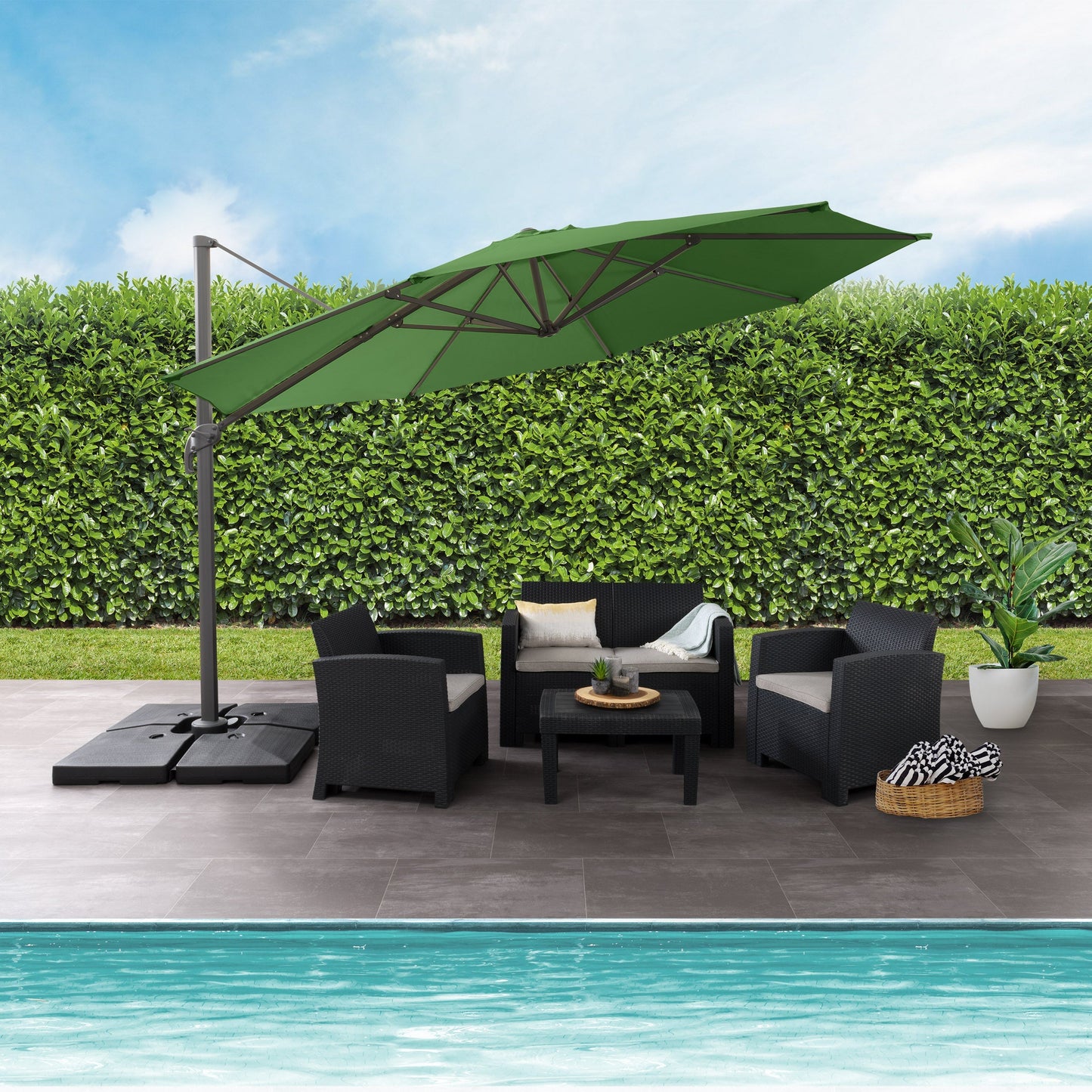 forest green deluxe offset patio umbrella with base 500 Series lifestyle scene CorLiving#color_forest-green