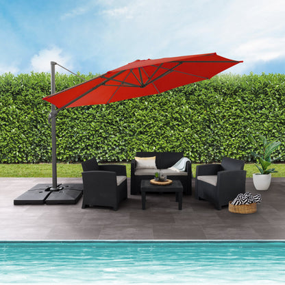 crimson red deluxe offset patio umbrella with base 500 Series lifestyle scene CorLiving#color_crimson-red