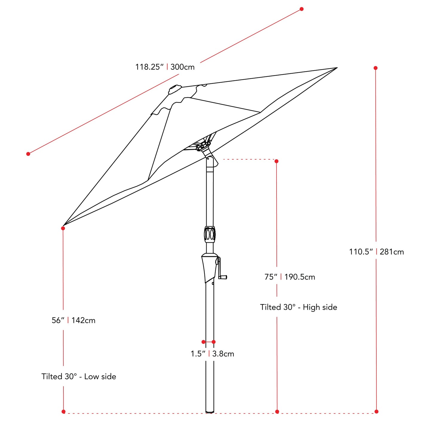 black large patio umbrella, tilting with base 700 Series measurements diagram CorLiving#color_black