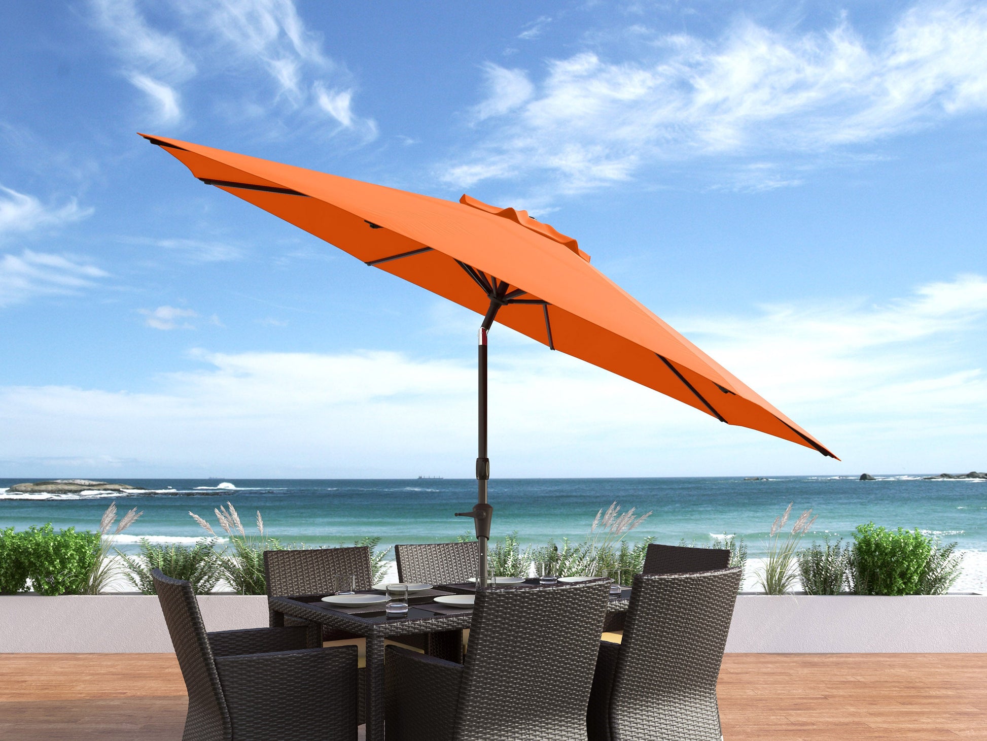 orange large patio umbrella, tilting with base 700 Series lifestyle scene CorLiving#color_orange