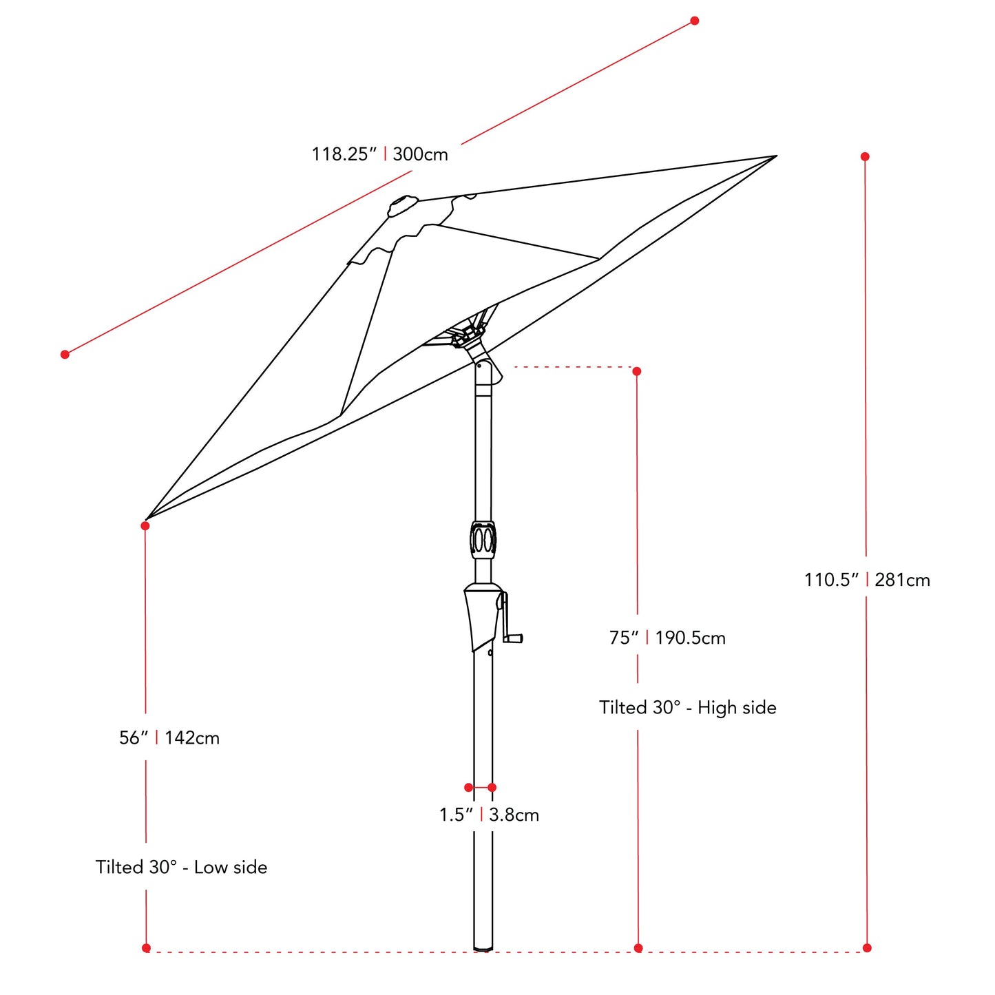 warm white large patio umbrella, tilting with base 700 Series measurements diagram CorLiving#color_warm-white