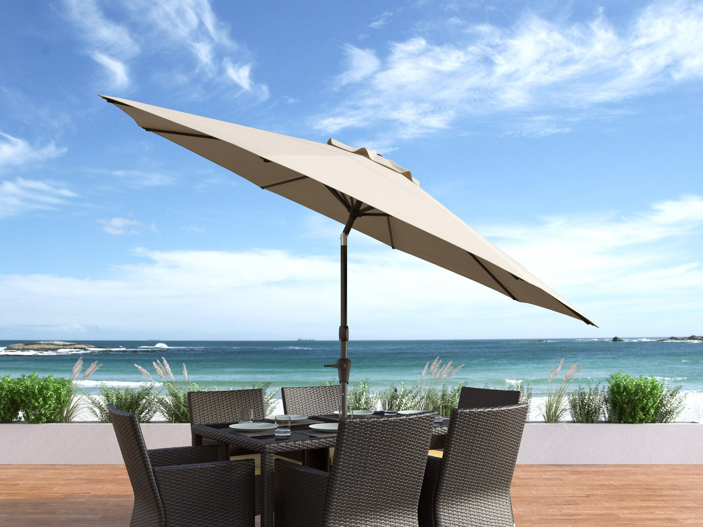warm white large patio umbrella, tilting with base 700 Series lifestyle scene CorLiving#color_warm-white