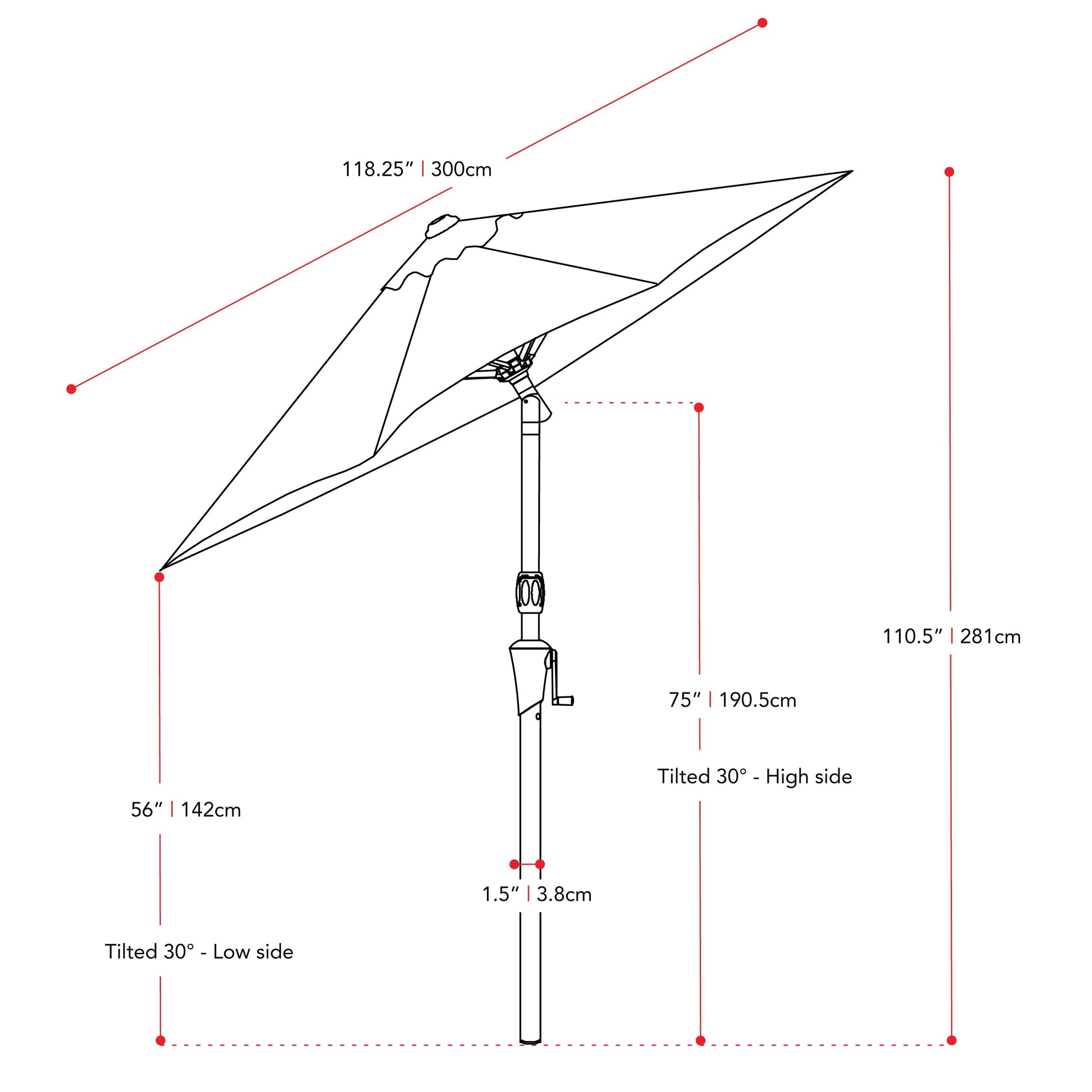 yellow large patio umbrella, tilting with base 700 Series measurements diagram CorLiving#color_yellow