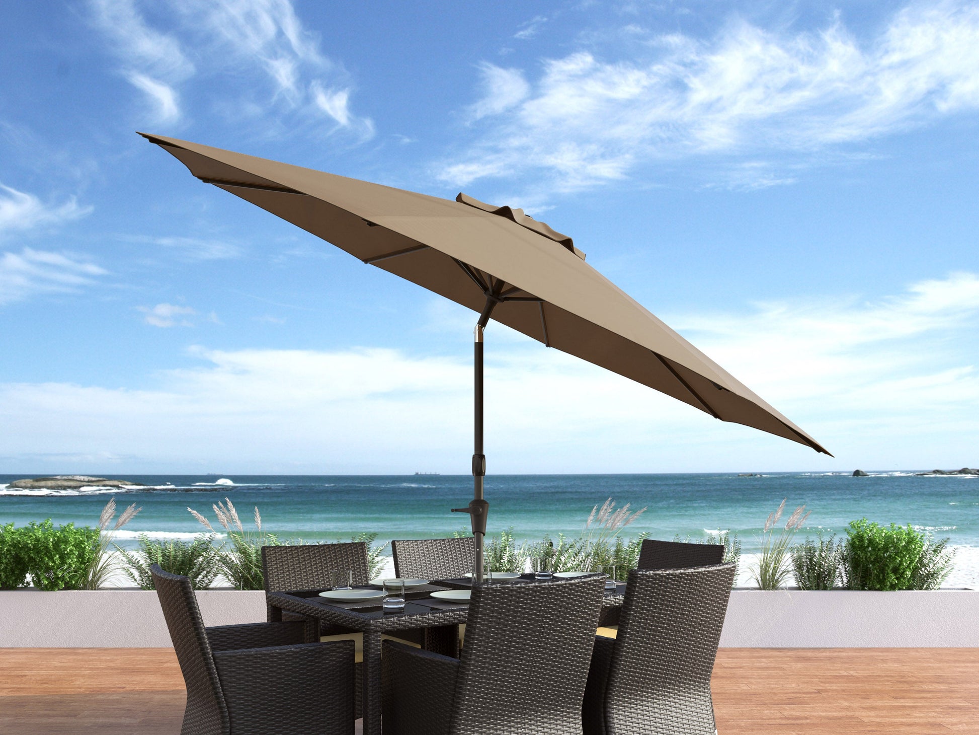 sandy brown large patio umbrella, tilting with base 700 Series lifestyle scene CorLiving#color_sandy-brown